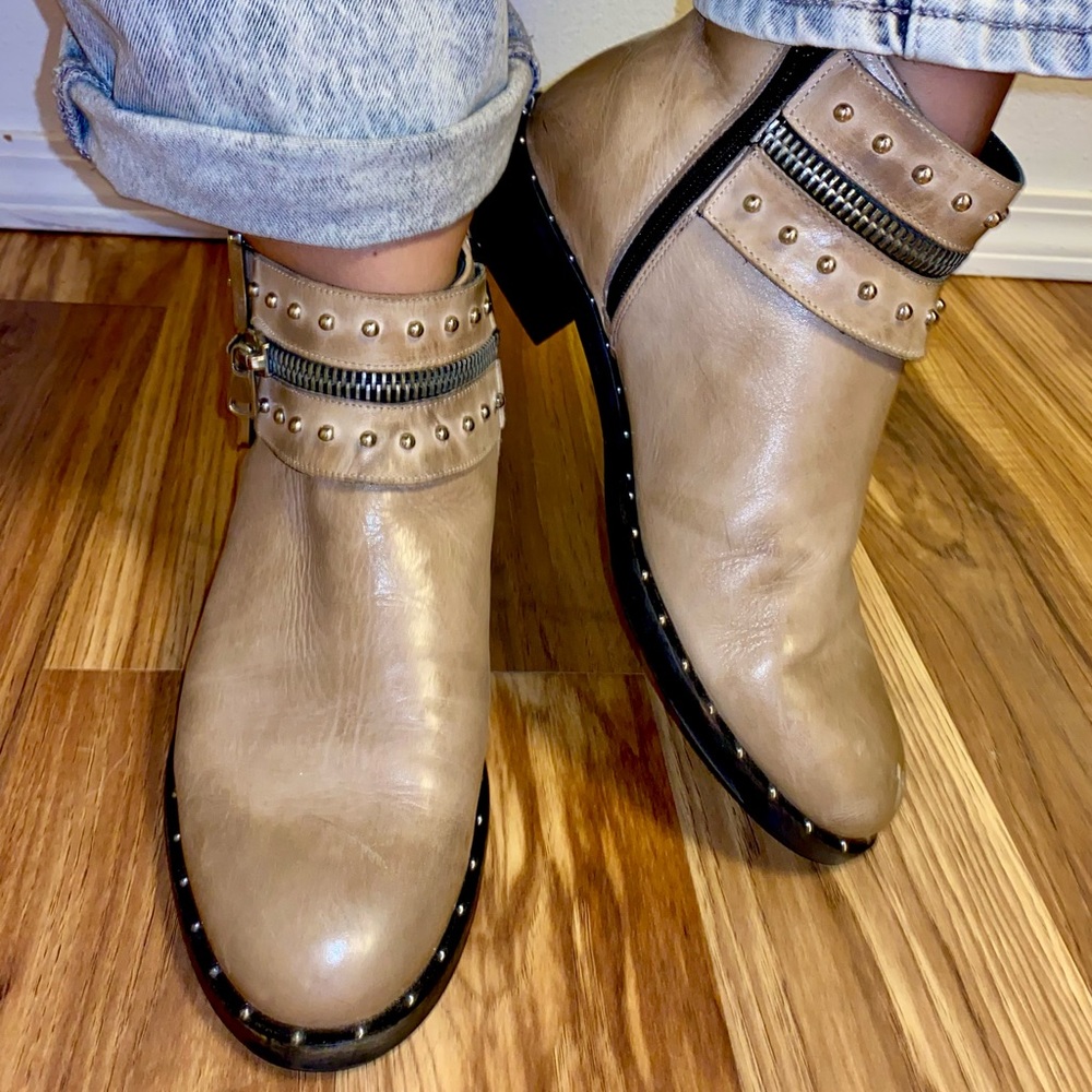 Beige leather studded booties
